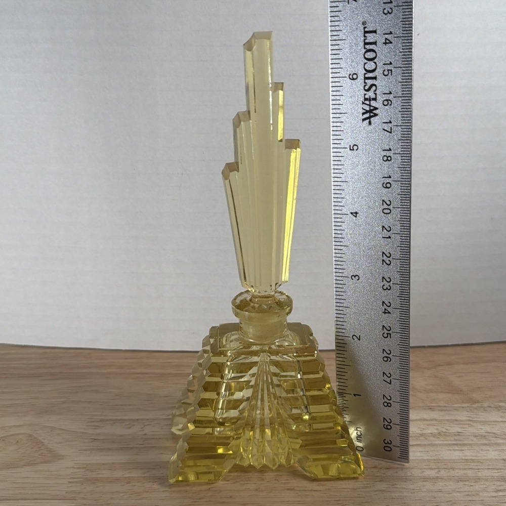 Art Deco Yellow Cut Crystal Glass Etched Perfume Bottle With Stopper Czech - Picture 2 of 15